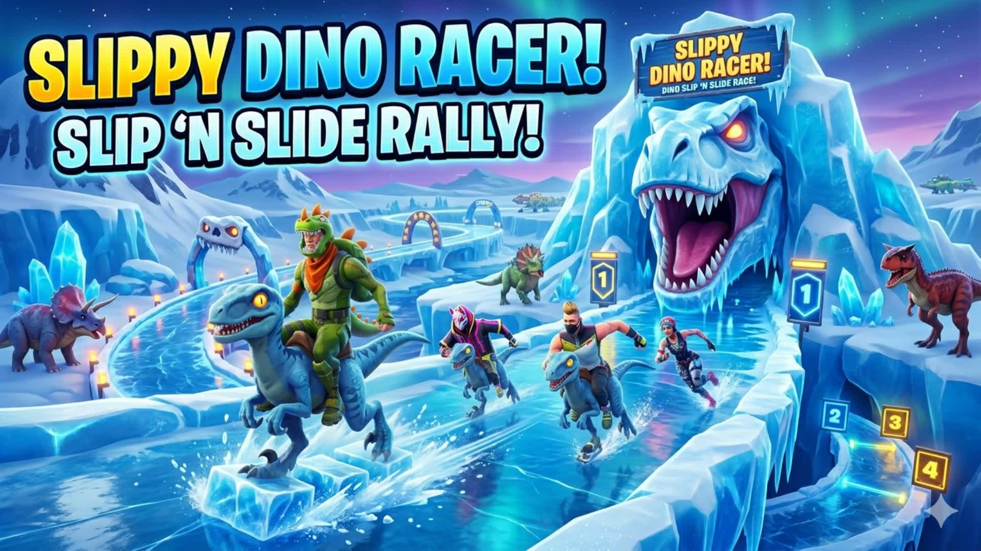 Slip'n slide this race with a dino face!